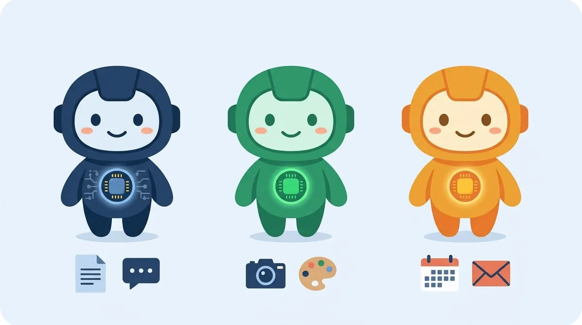 ChatGPT・Claude・Geminiの3つのAIを、得意なことで比べるイメージ図