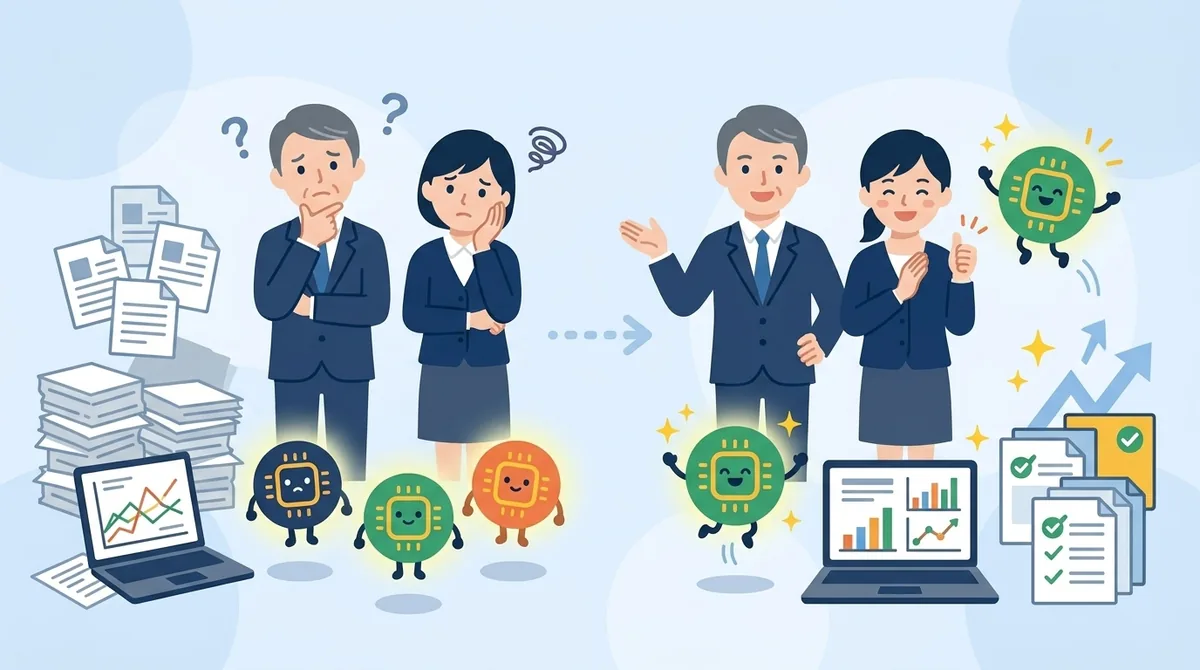 3つのAIを前に、自社に合うものを選んでいる経営者のイラスト