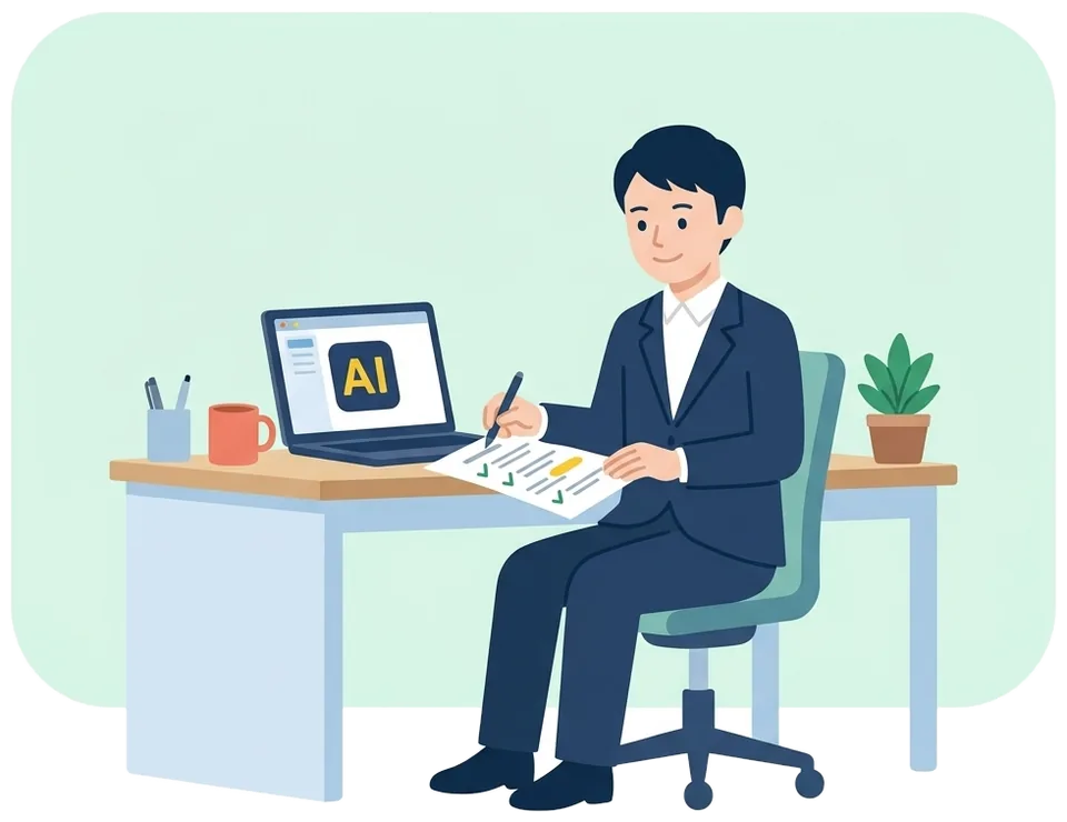 AIが作った短い下書きの、印が付いた所だけを確認して、余裕をもって仕事をしている社員のイラスト