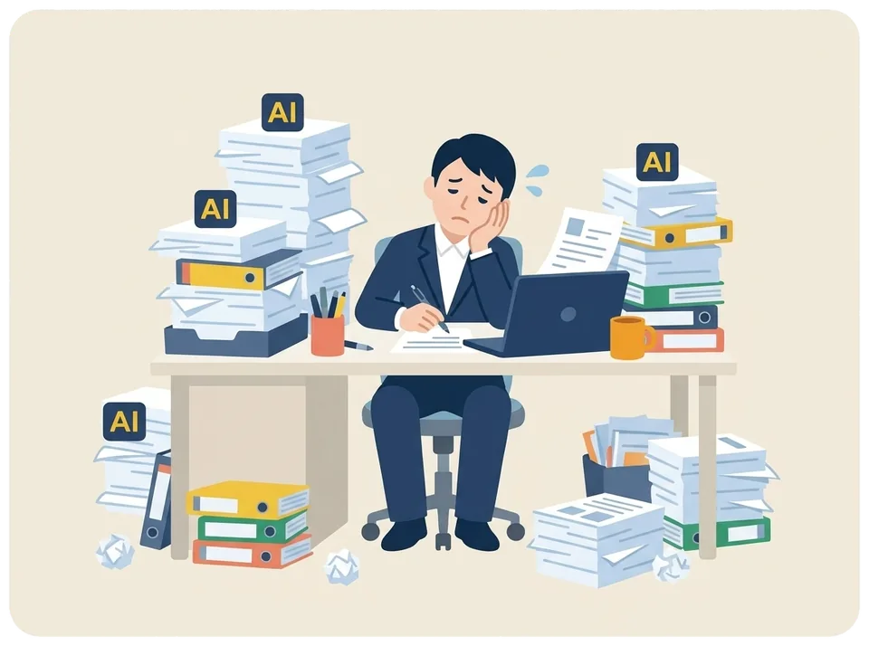 AIで作った長い資料の山を前に、確認と手直しに追われて疲れている社員のイラスト