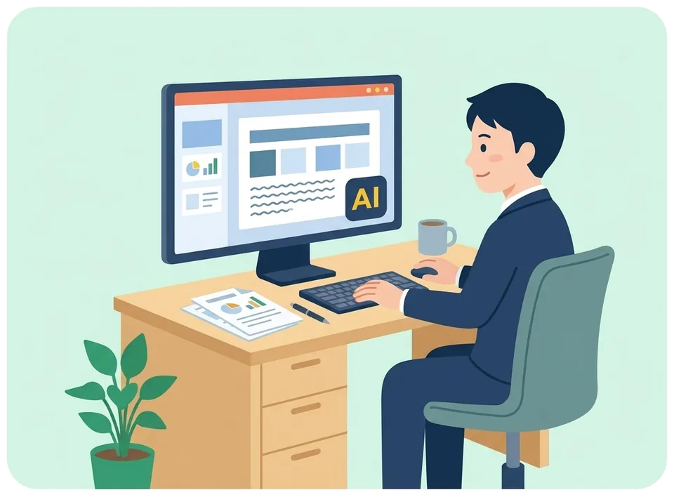 AIが作ったスライドのたたき台を見ながら、落ち着いて中身を直している社員のイラスト