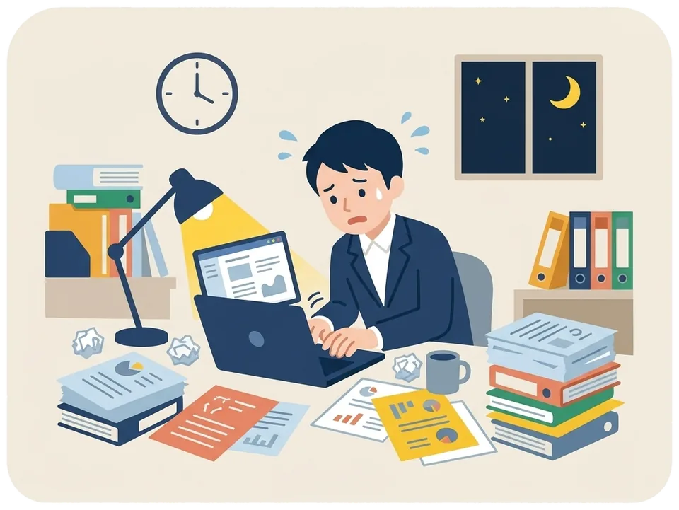 会議の前日、資料づくりに追われてパソコンの前で困っている社員のイラスト