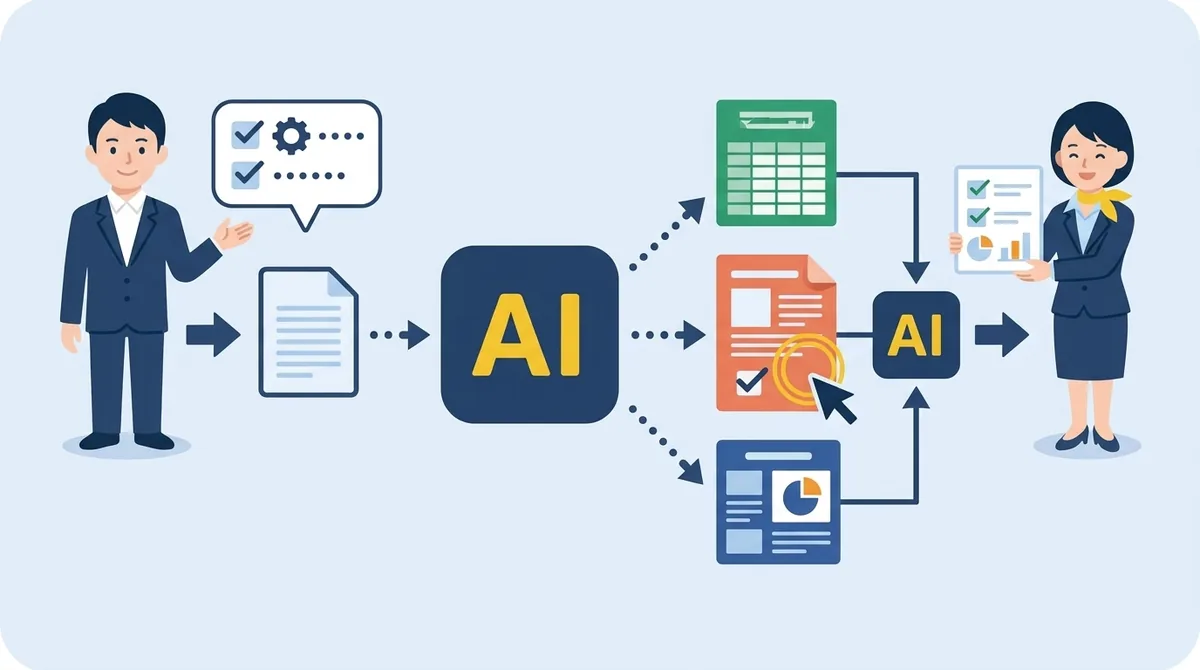 Claudeが仕事の依頼を受けて、Excel・Word・PowerPointなどの手順書の中から合うものを選んで使う様子の図解