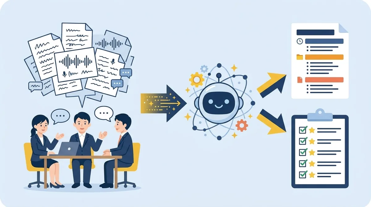 会議の文字起こしを、AIが議題ごとの議事録と宿題の一覧に整えるイラスト