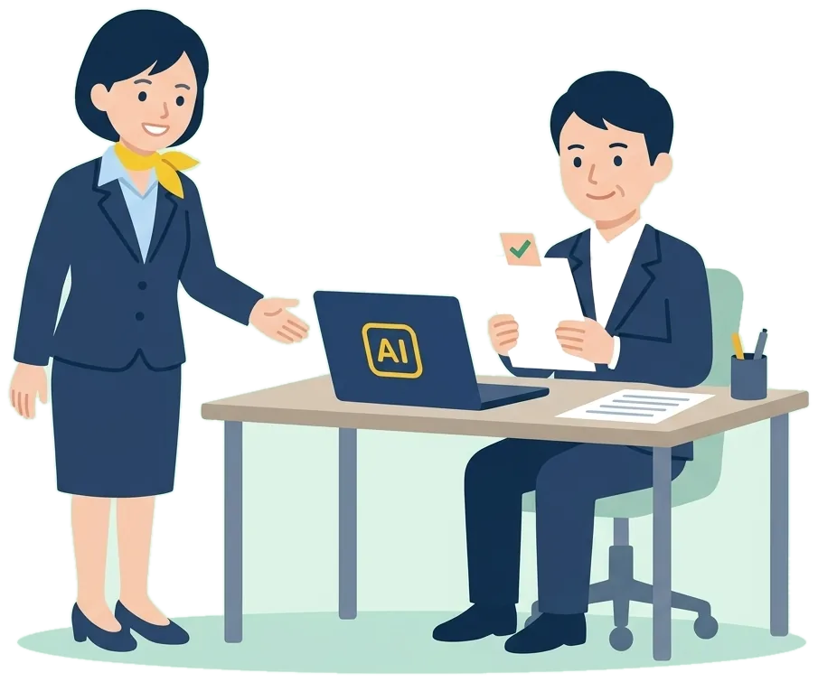部下が確認メモを付けて書類を出し、上司は要点だけを見て、落ち着いて仕事をしているイラスト
