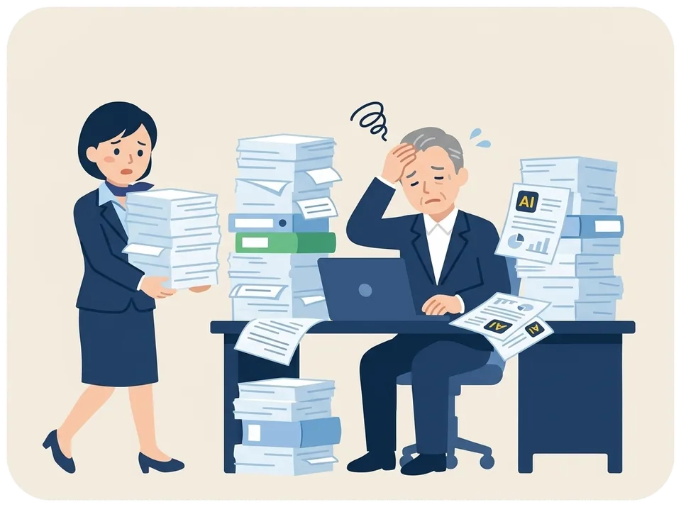AIで作った書類が確認の依頼と一緒に次々に届き、上司が全部を読み直して困っているイラスト