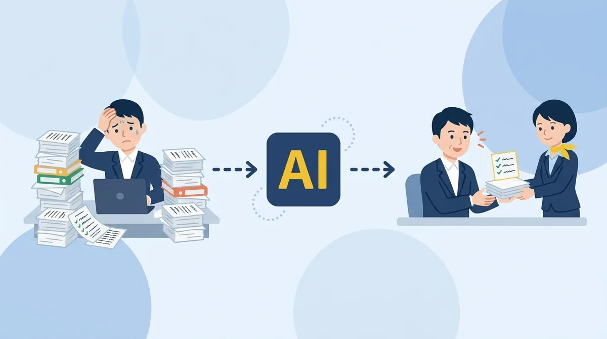 AIで作った書類に確認メモを付けて出す社員と、要点だけを見て受け取る上司のイラスト
