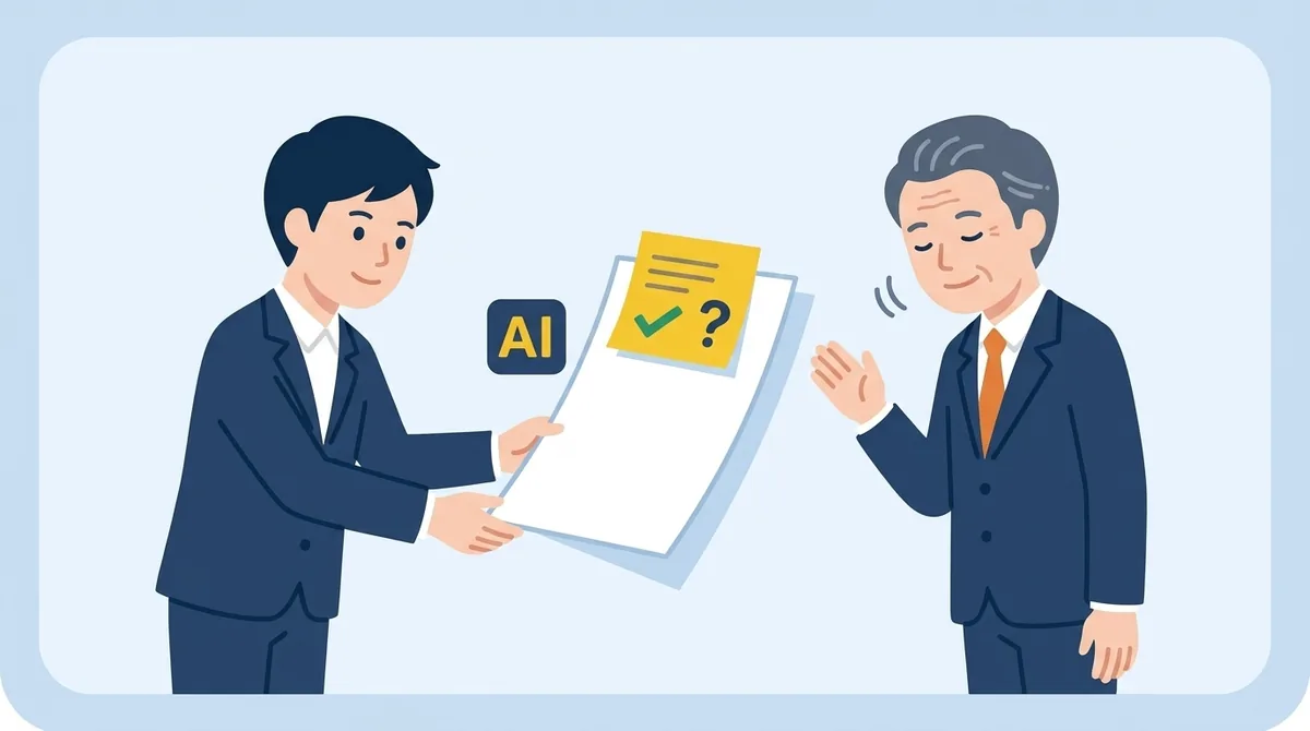 書類の一番上に3行の確認メモを付けて上司に渡し、上司がその3行だけを見てうなずいている図