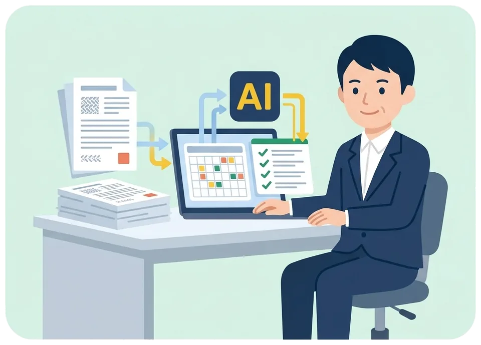 AIが入札公告から期日を抜き出し、カレンダーと一覧表で案件を管理している入札担当者のイラスト