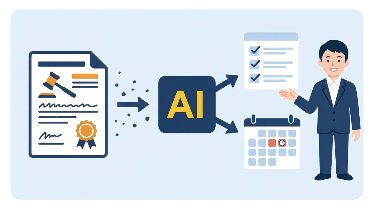 入札公告のPDFから、AIが参加資格と期日を抜き出し、一覧表とカレンダーに整理するイラスト