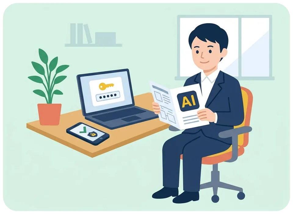 パスワード管理ツールと二段階認証を使い、AIで作った手順書を見ながら安心して仕事をしている事務所のイラスト