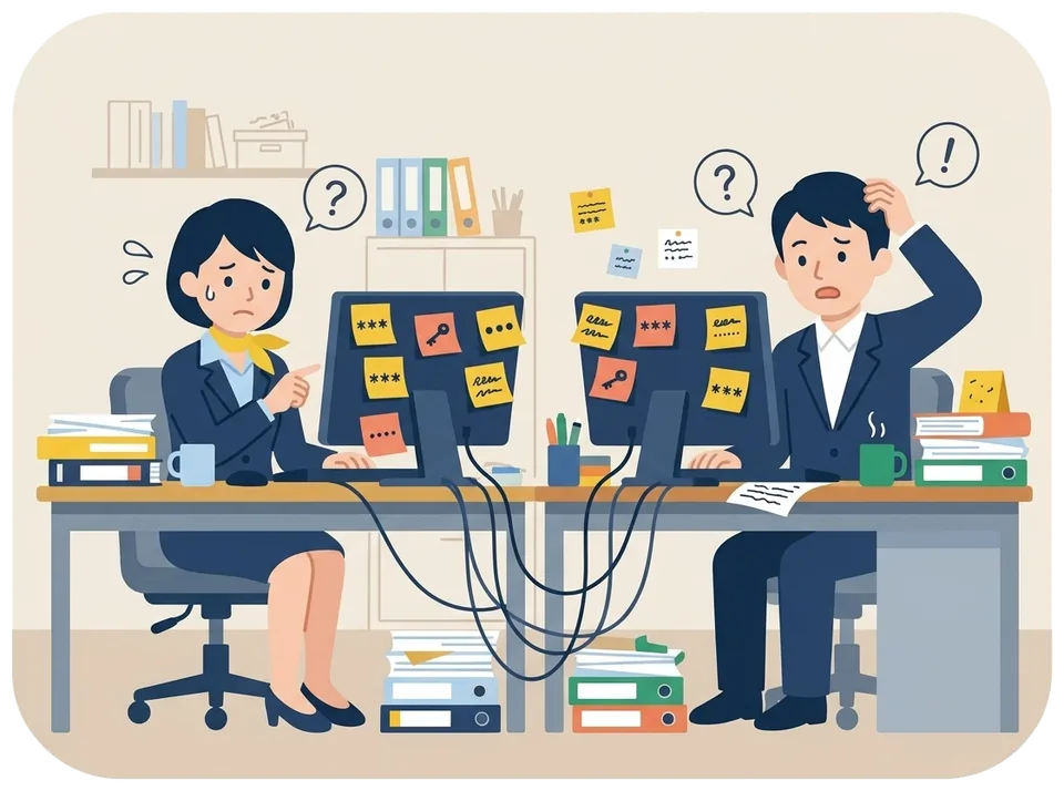 付箋にパスワードを書いてモニターに貼り、同じパスワードを使い回している事務所のイラスト