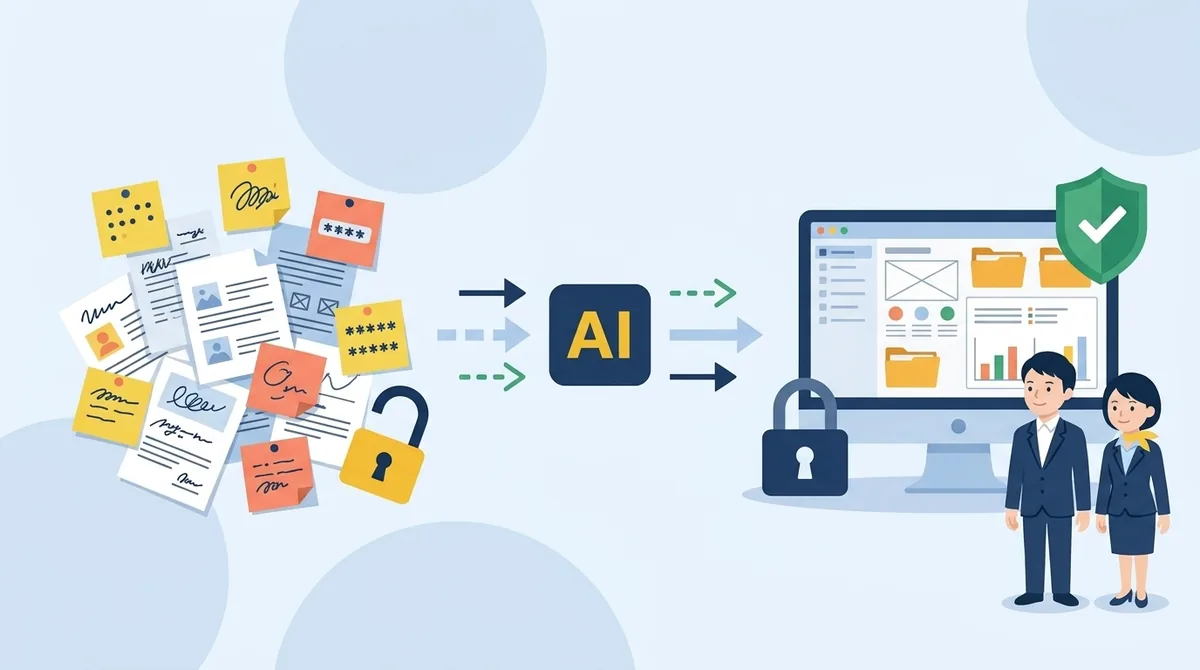 パスワードと個人情報を、AIと一緒に点検して守っている社員のイラスト