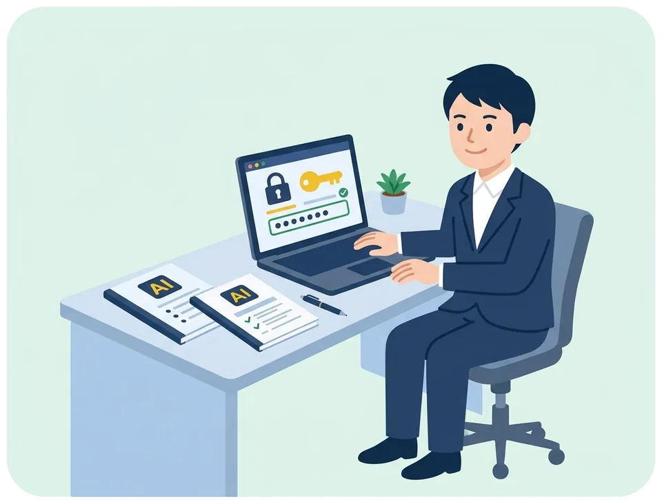 パスワード管理ツールでパスワードをまとめ、AIで作った台帳と手順書で管理している社員のイラスト