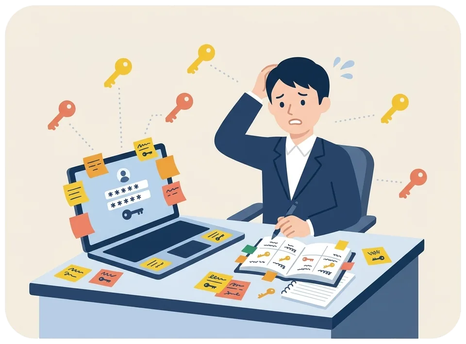 付箋や手帳にパスワードを書き、同じパスワードを使い回して困っている社員のイラスト