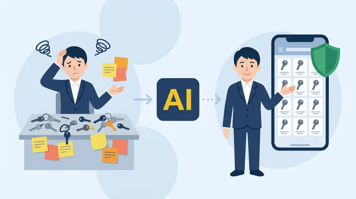 たくさんのパスワードを、AIで作った仕組みとパスワード管理ツールでまとめている社員のイラスト