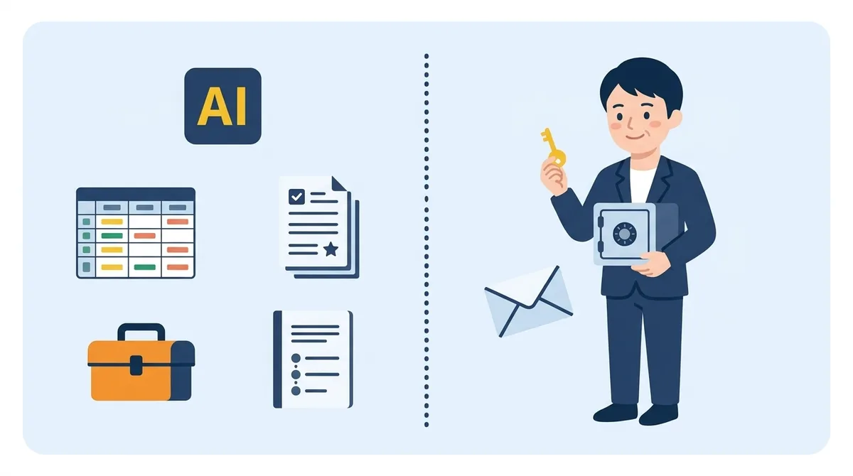 AIに任せる仕事（台帳・ルール・ツール・手順書）と、自分で管理するもの（パスワード・マスターパスワード・復旧コード）を左右に分けた図
