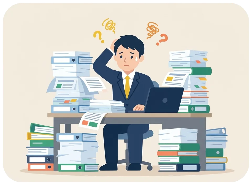 たくさんの入札案件の書類を前に、どれに参加すべきか分からず迷っている入札担当者のイラスト