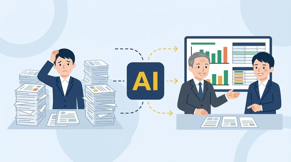 過去の入札結果をAIが表とグラフに整理し、担当者が参加する案件を選んでいる様子のイラスト