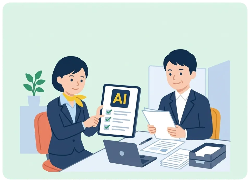 AIが作ったチェックリストを見ながら、2人で書類を1枚ずつ照合している入札担当者のイラスト