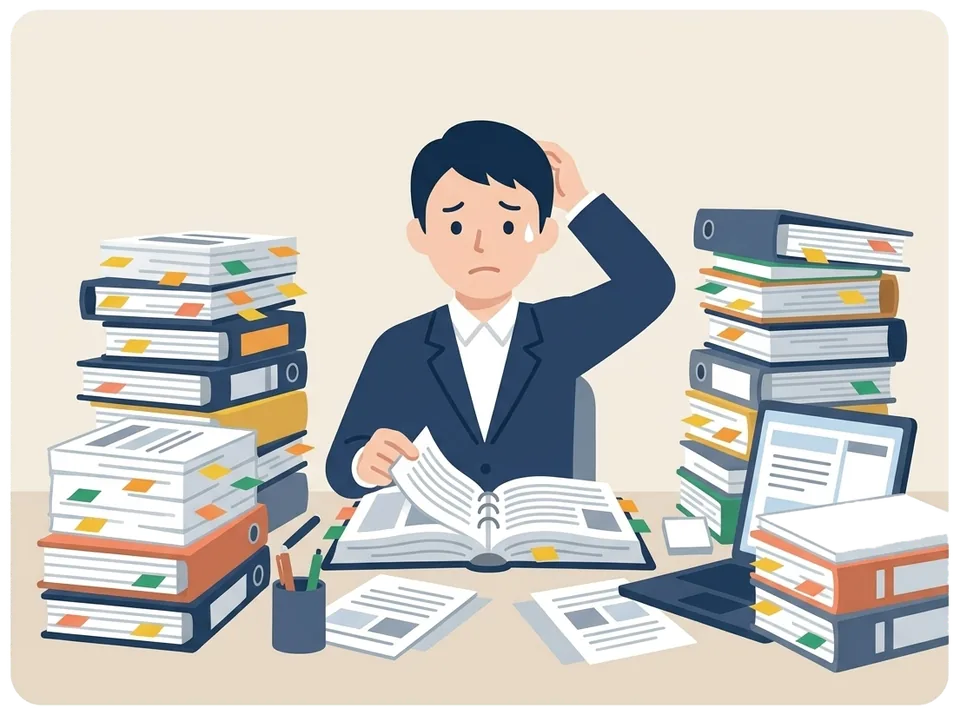 分厚い入札説明書を何冊も前に、付せんだらけで書類を探している入札担当者のイラスト