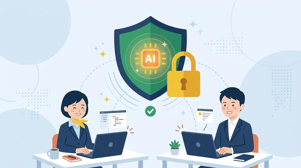 鍵と盾に守られたAIを、会社の社員が安心して使っている様子のイラスト