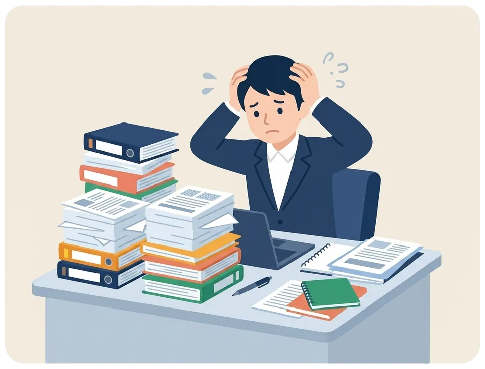 評価基準と仕様書の束を前に、何から書けばよいか分からず頭を抱えている入札担当者のイラスト