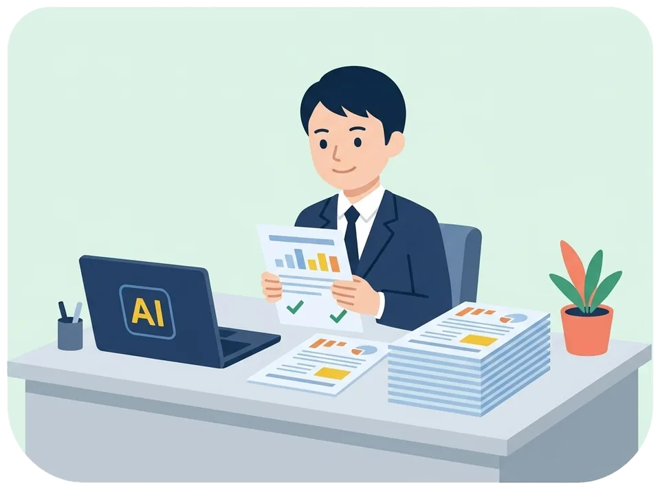 同じ形にそろった報告書を、上司が中身だけ確認している様子のイラスト