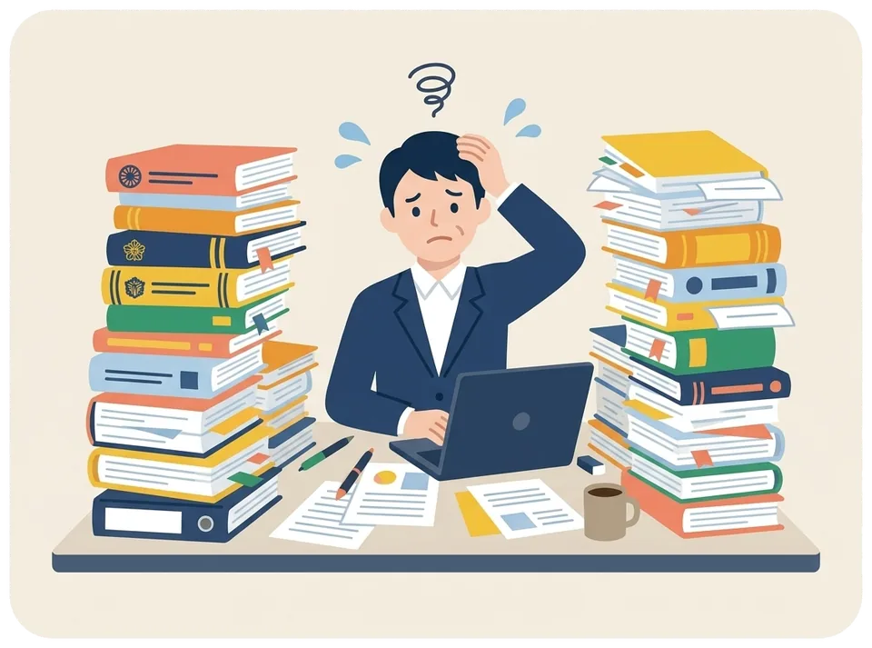 国・県・市の分厚い申請の手引きを前に、どこから読めばよいか分からず困っている事務担当者のイラスト