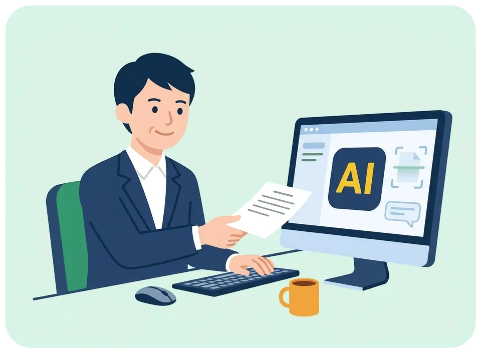 1枚の前提メモをAIに渡すだけで、すぐに仕事の相談を始めている社員のイラスト