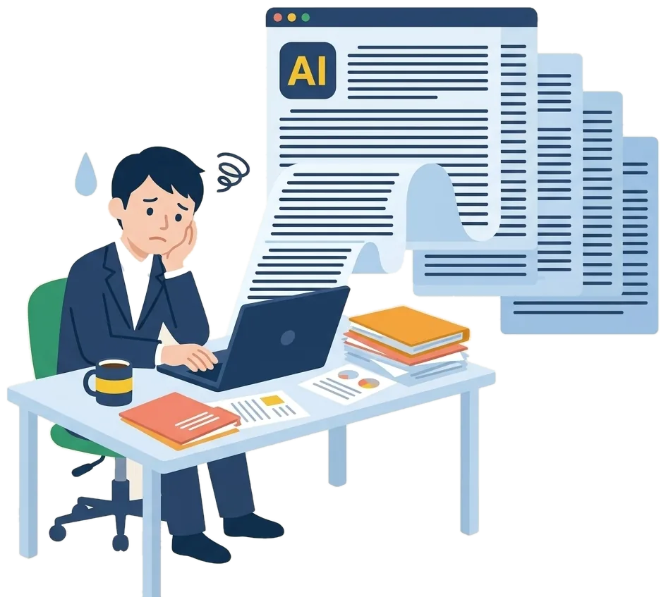 AIに頼むたびに、会社の事情を長々と打ち込んでいて疲れている社員のイラスト