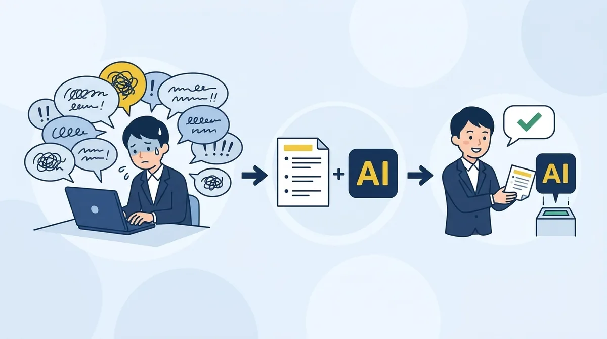 会社の事情をまとめた1枚のメモをAIに渡し、社員がすぐに仕事の相談を始めている様子のイラスト